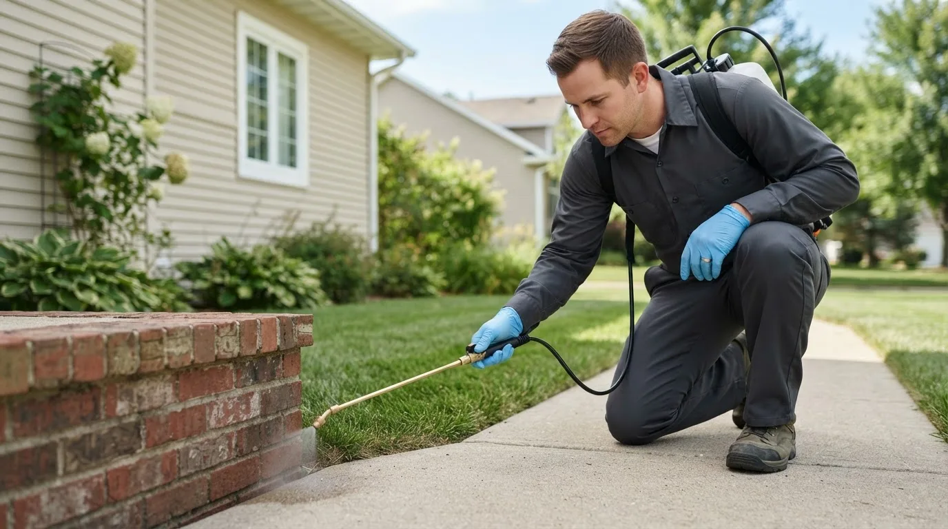 Pest control technician treating a home near Cheboygan, MI