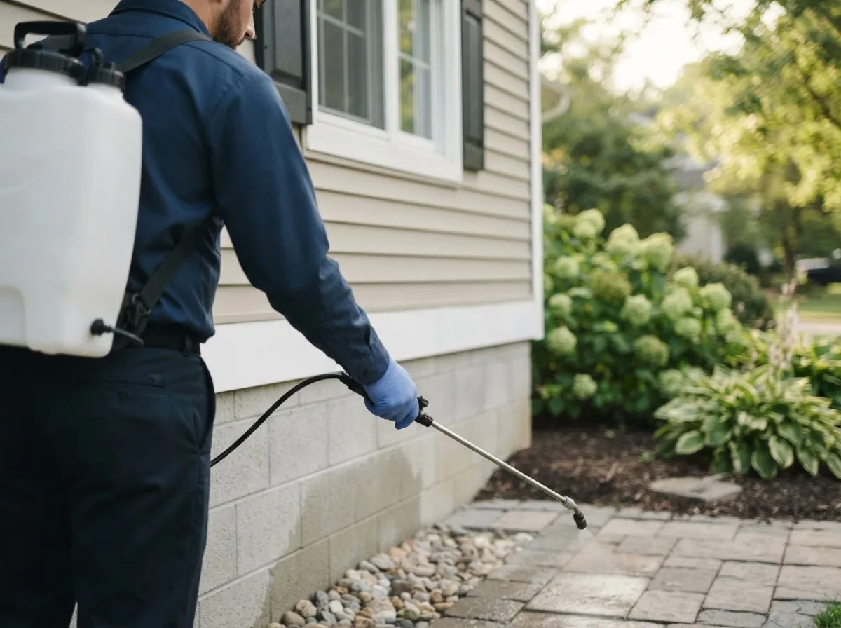 Pest control technician inspecting a home in Cheboygan, MI